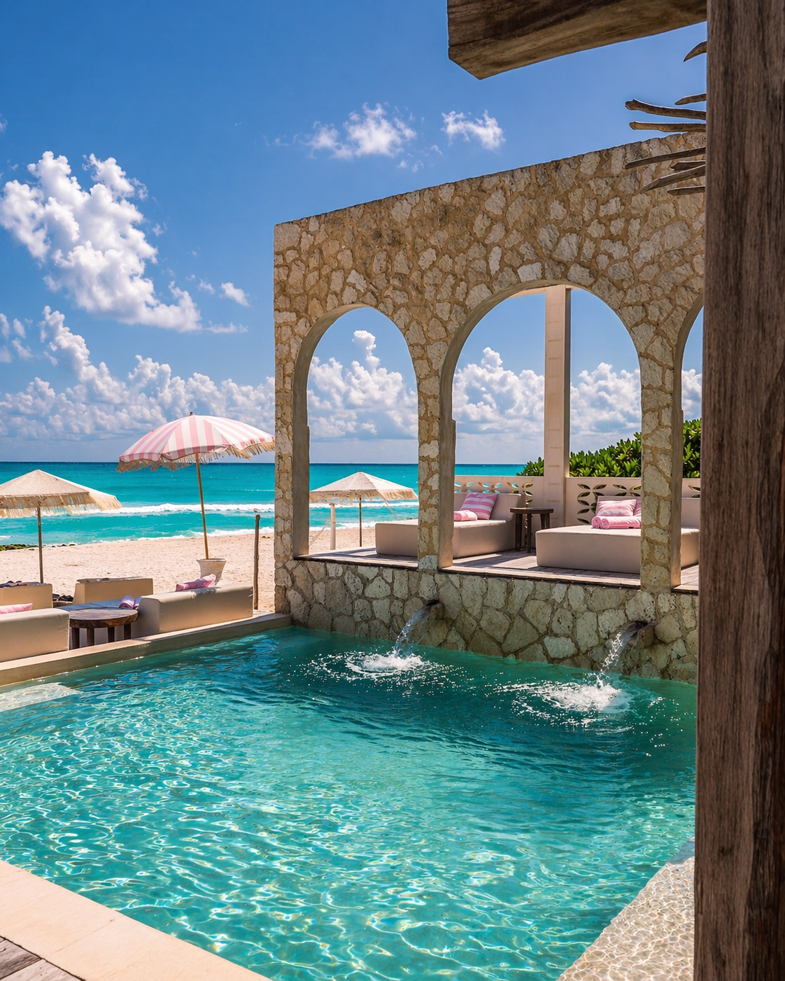 Chi Ka Chica pool with stone arches and Caribbean view Tulum