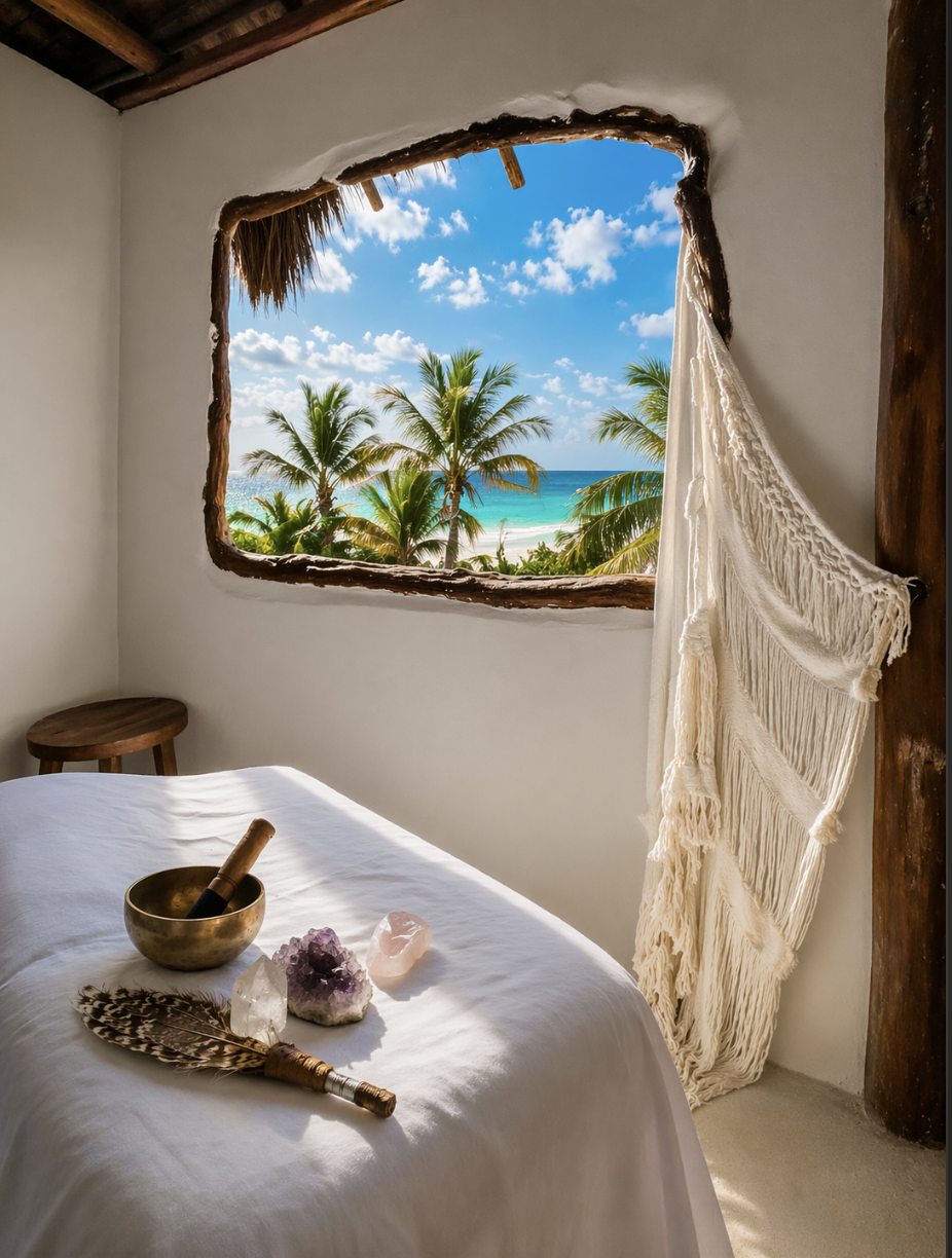 Crystal healing and singing bowl at Skye Spa Tulum