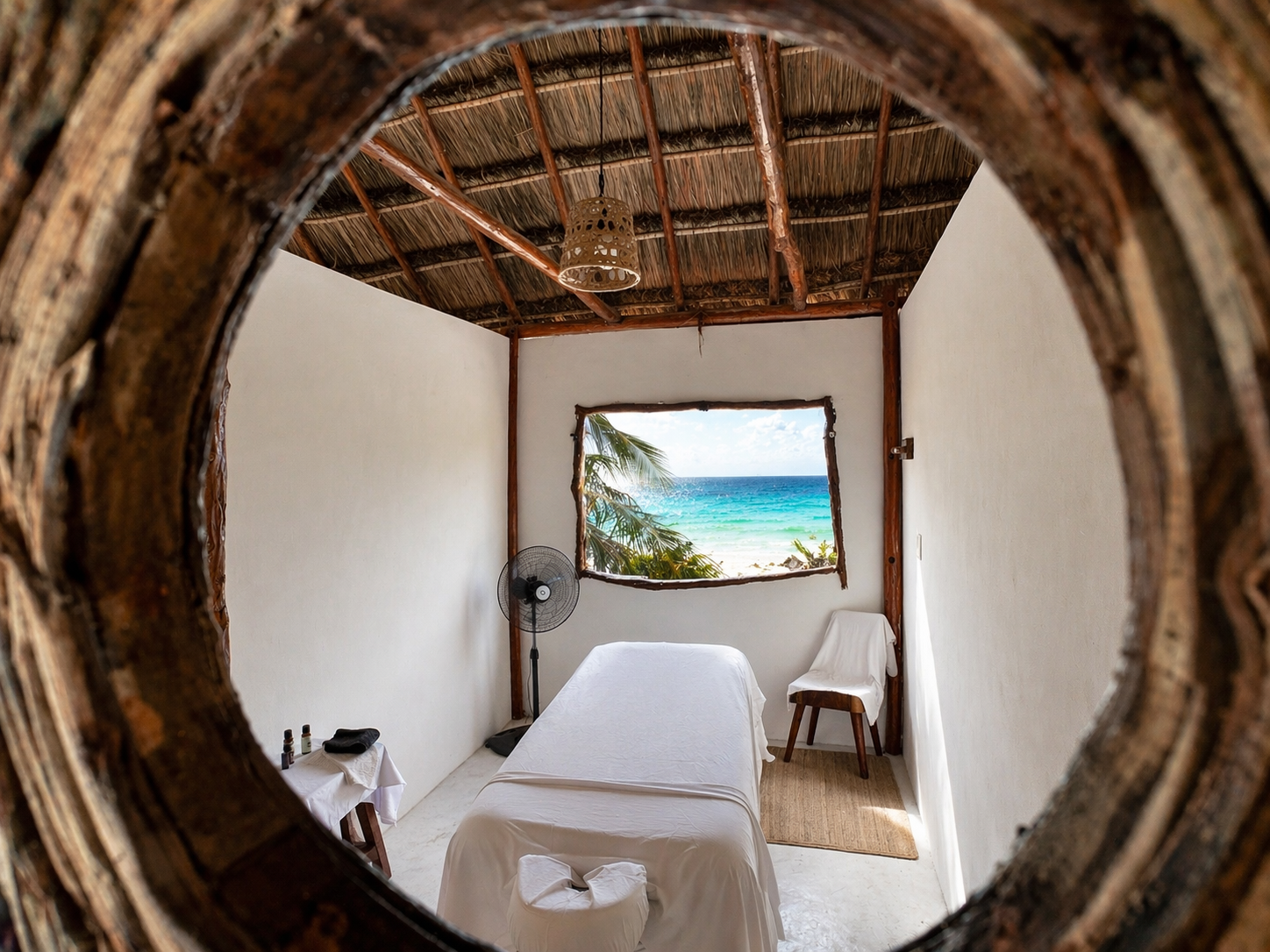 View through circular frame into spa treatment room with ocean view