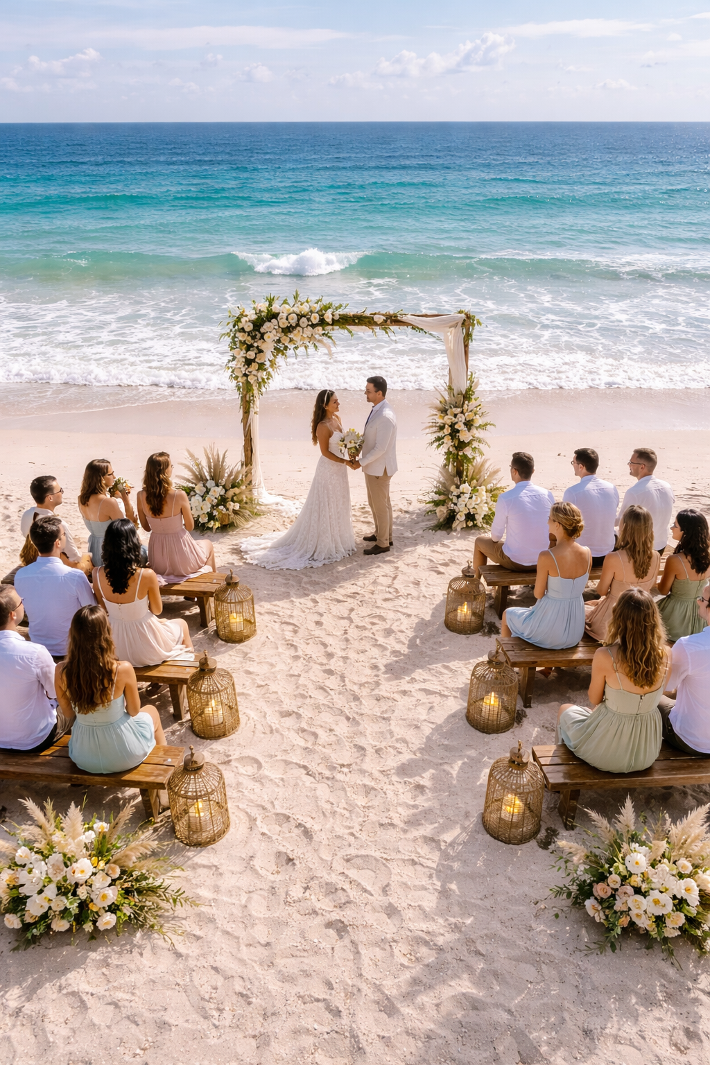 Aerial view of beach ceremony at Chi Ka Amansala Tulum