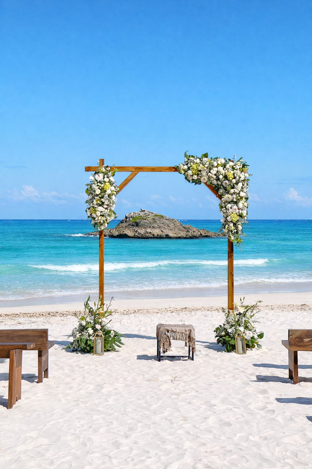 Beach ceremony arch setup at Chi Ka Amansala Tulum