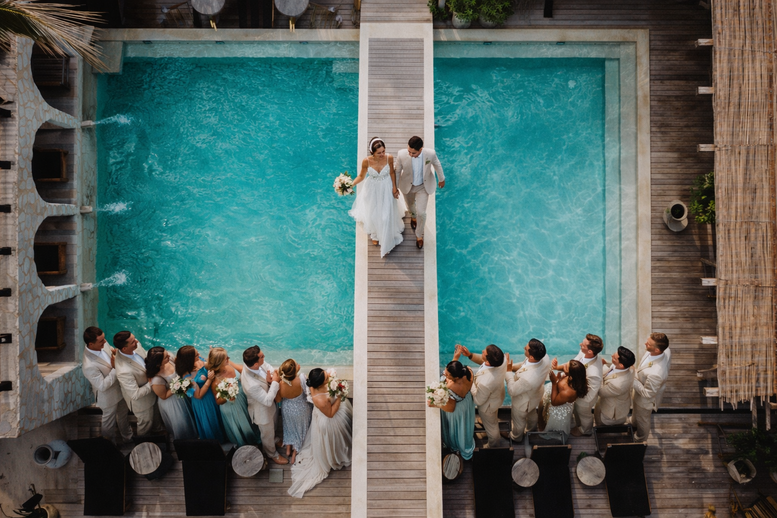 Aerial view of wedding party at pool, Chi Ka Amansala Tulum
