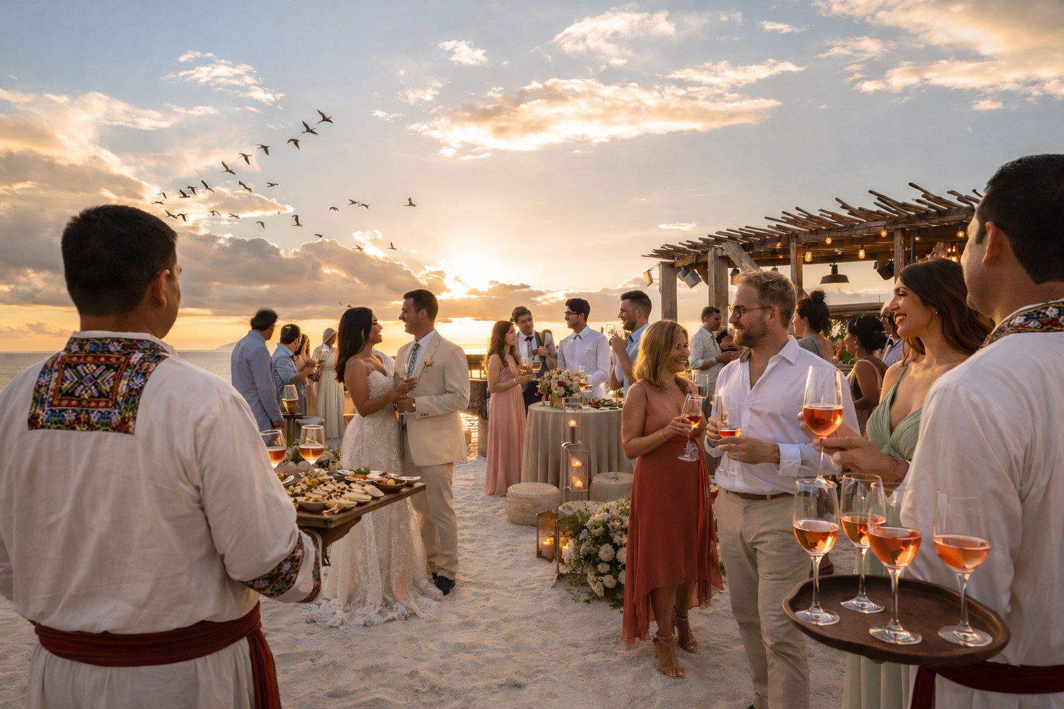 Sunset cocktail hour at a Tulum beach wedding